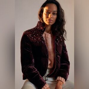 NEW Anthropologie Wine Sequin Puffer Jacket Size Large